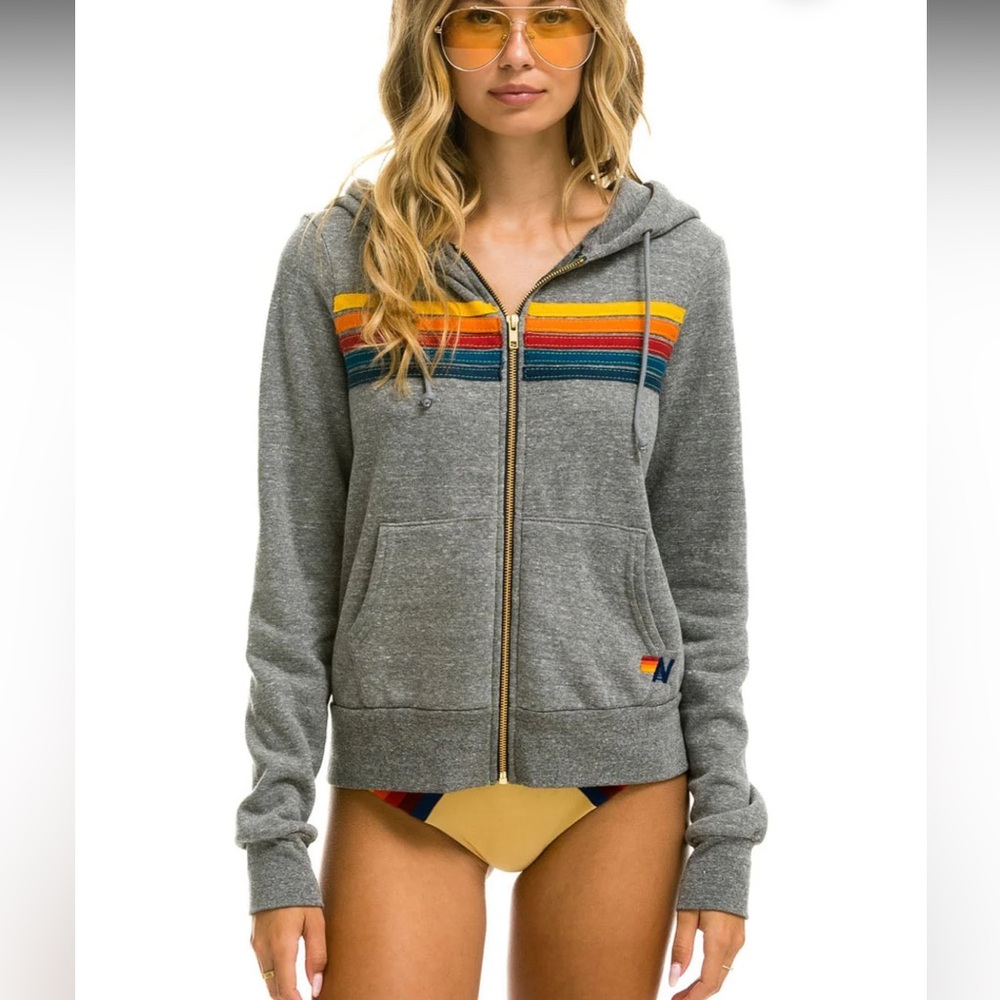 Aviator Nation Gray Hoodie with 5 Rainbow Stripes M